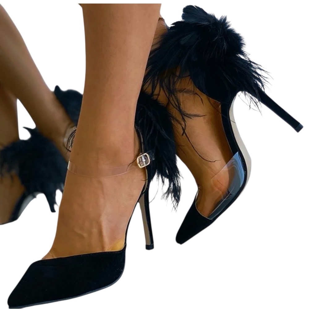 FSJ Stiletto Heel Pom Pumps Black and Transparent Pointed Toe, Ladies Sz 11-11.5